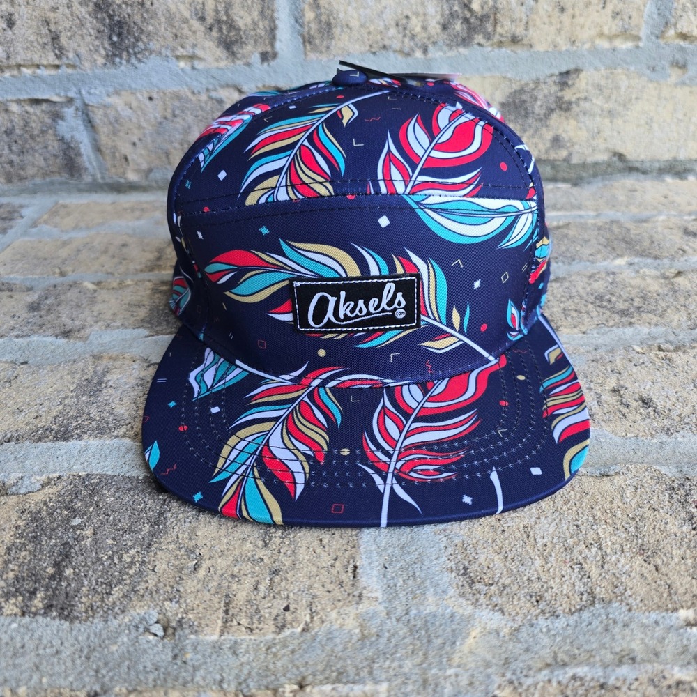 Aksels Mens Navy Blue Feather Print 5 Panel Camper Snapback Hat Flat Brim Cap